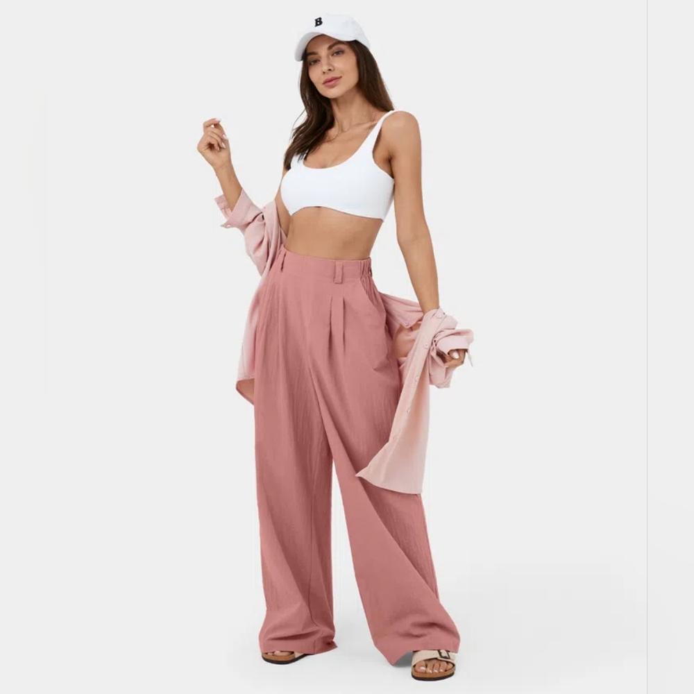 Halara High Waisted Plicated Side Pocket Wide Leg Flowy Solid Palazzo Casual